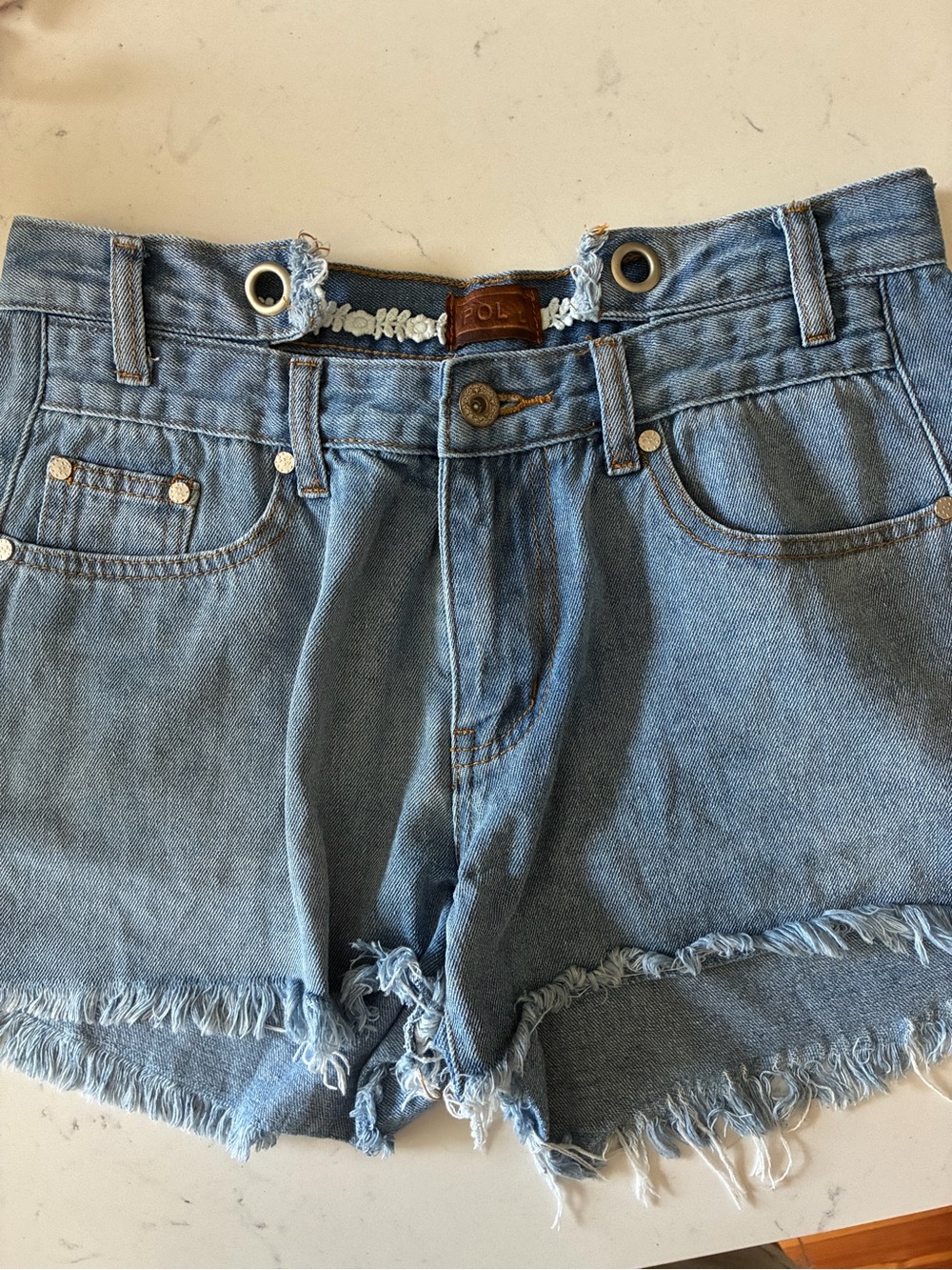POL Light Blue Distressed Denim Shorts - Women's